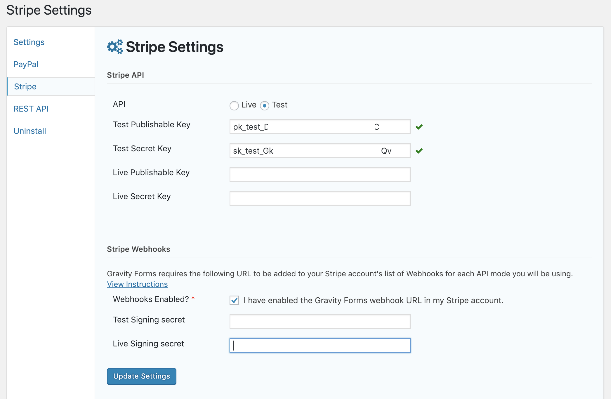 Gravity Forms Stripe Settings