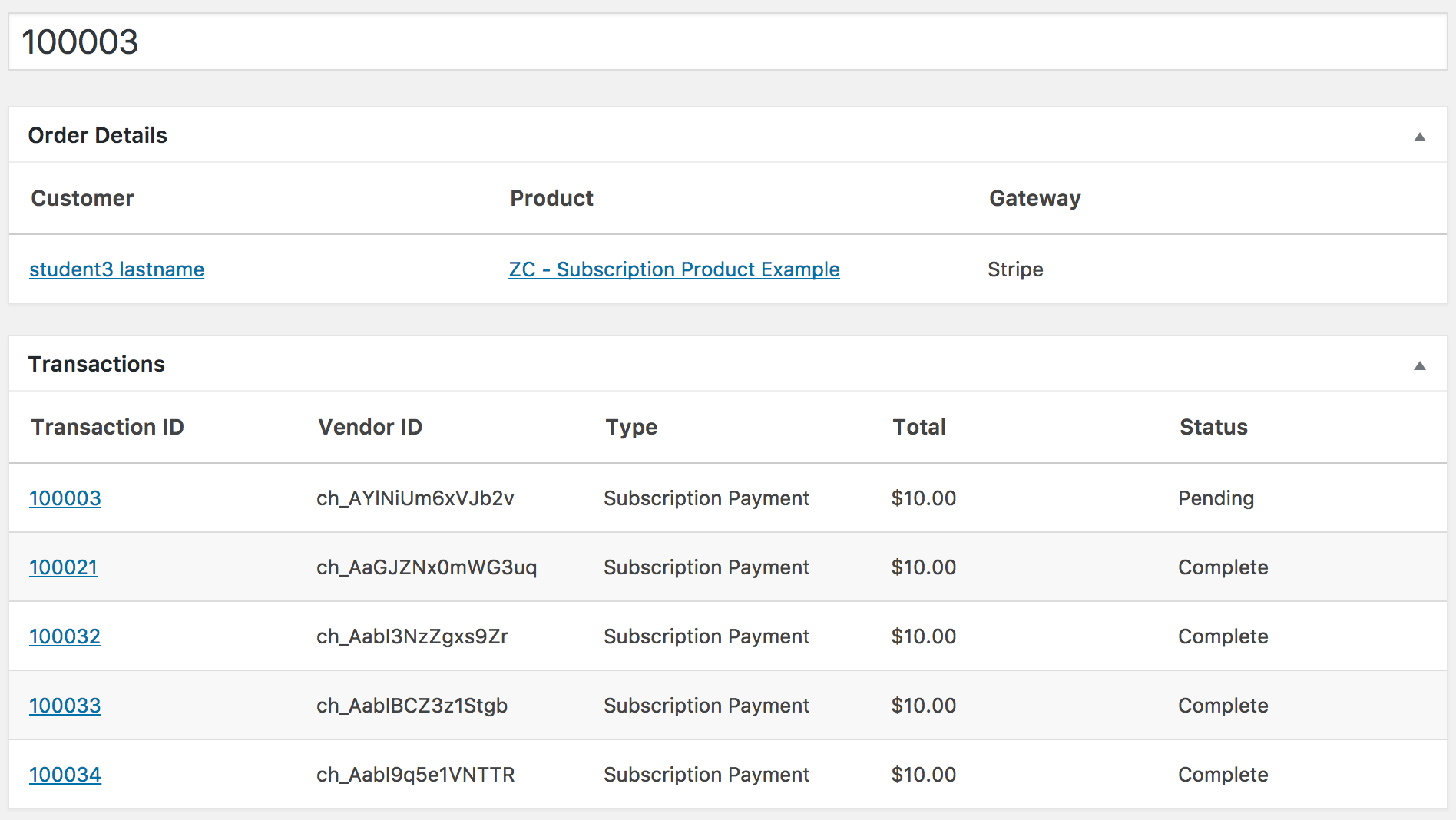 An example of recurring Zippy Courses transactions generated from the AffiliateWP Recurring Referrals add-on.