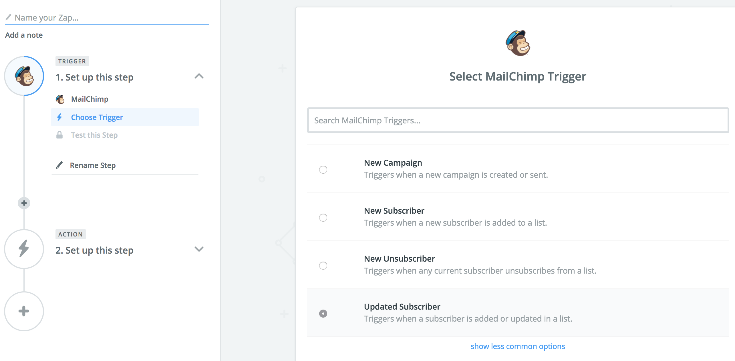 Selecting Mailchimp triggers in Zapier.