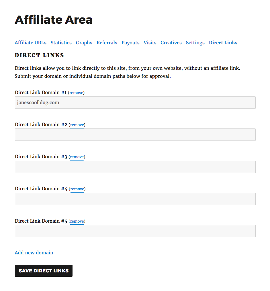 Affiliate Area Direct Link list