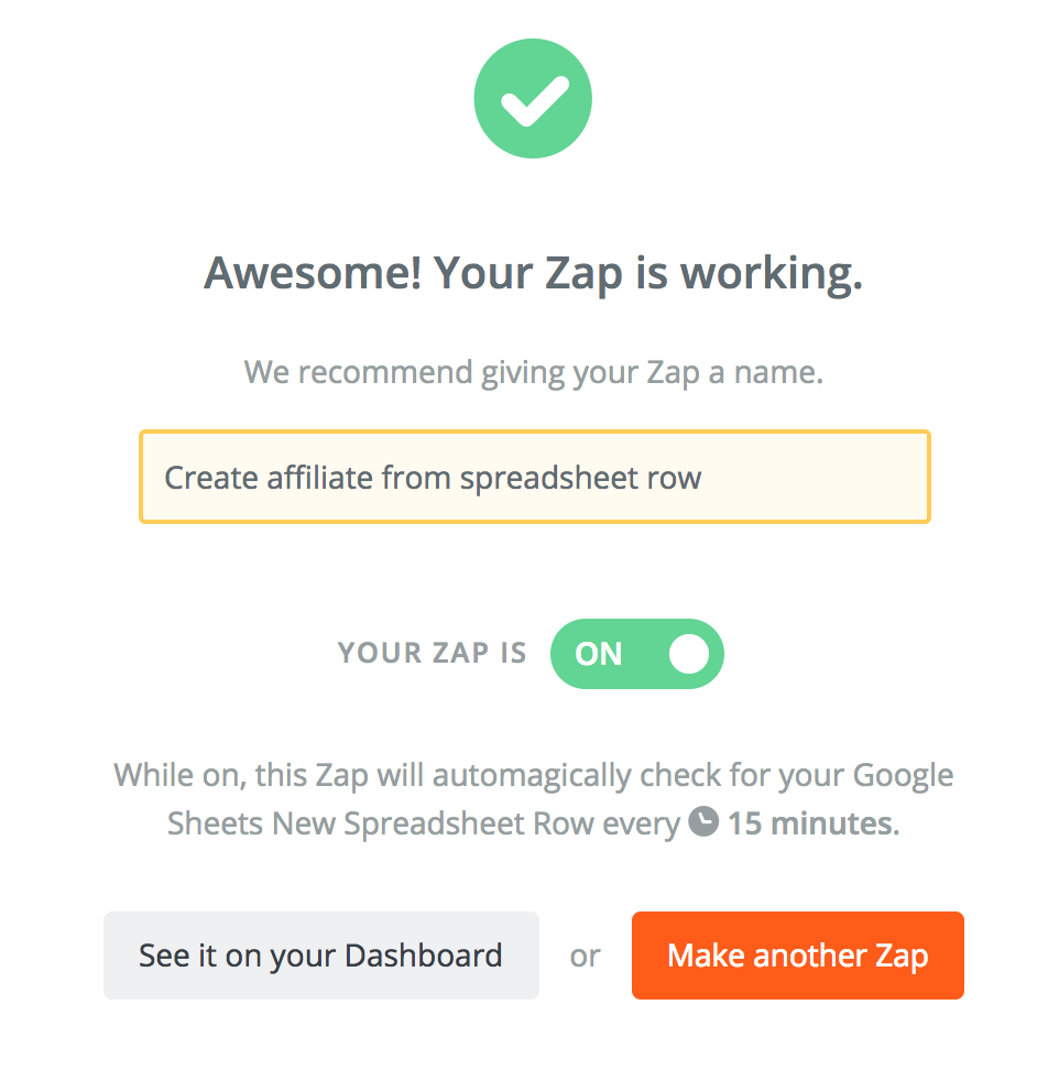 Screenshot of a Zapier zap being activated.
