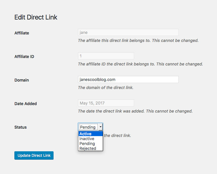 AffiliateWP direct link approval 