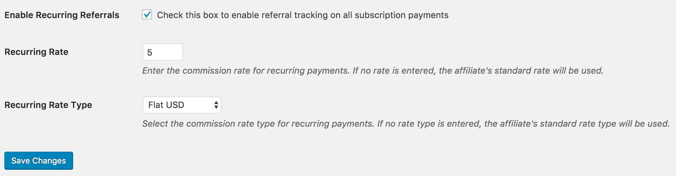 Setting the the recurring rate in Recurring Referrals add-on.