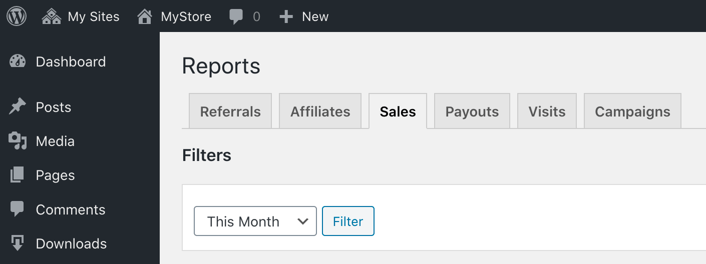 Closeup of admin Reports tabs with Sales selected