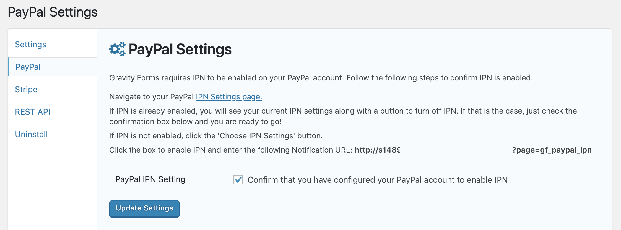 Gravity Forms PayPal Settings