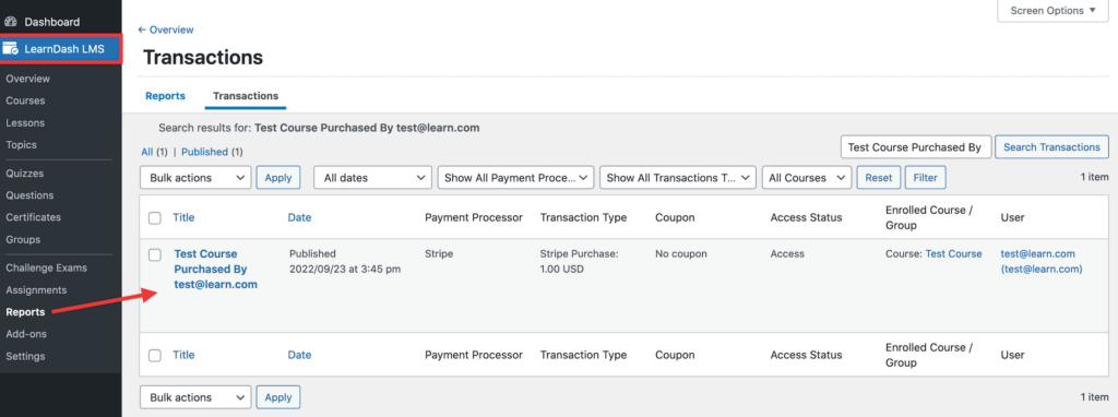 LearnDash transaction displayed after clicking the number in the referral's Reference column