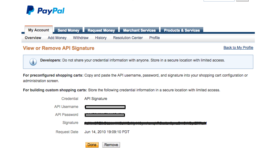 PayPal API signature