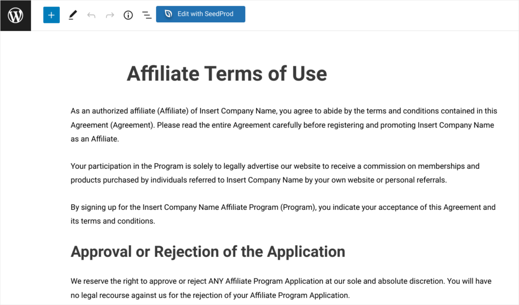 affiliate terms of use page