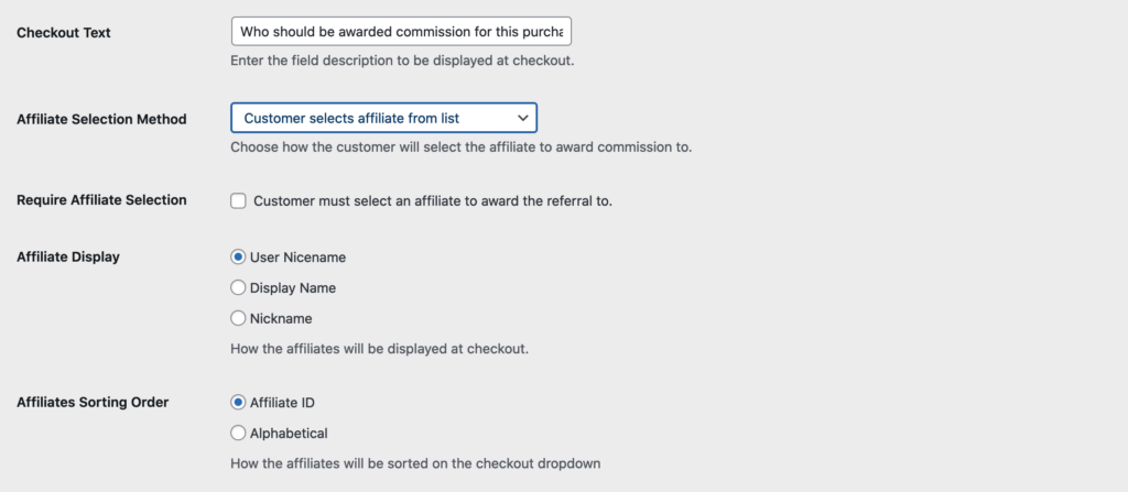 AffiliateWP Checkout Referral settings