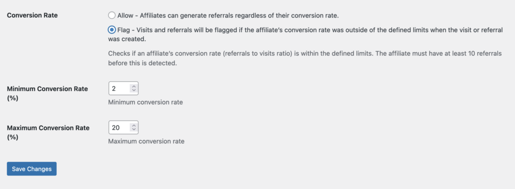fraud prevention conversion rate minimum and maximum settings displayed when Flag option is chosen
