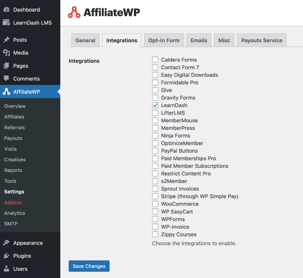 LearnDash integration checked on the main AffiliateWP - Integration settings page