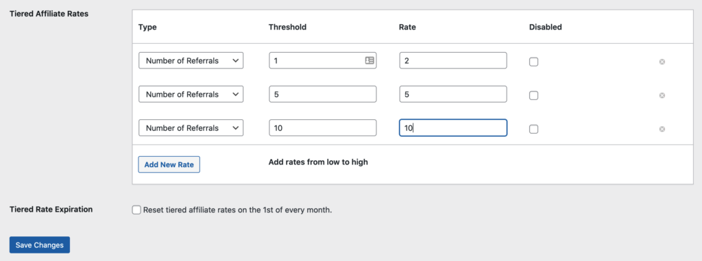 Tiered Affiliate Rates settings page