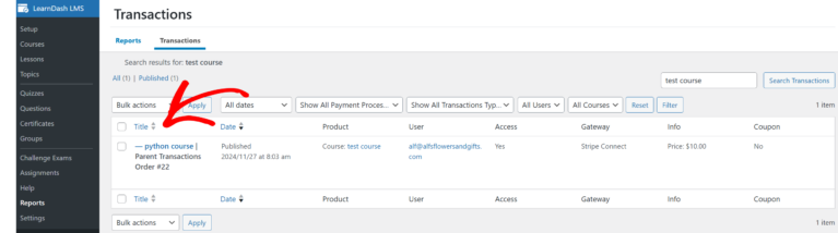 LearnDash transaction displayed after clicking the number in the referral's Reference column