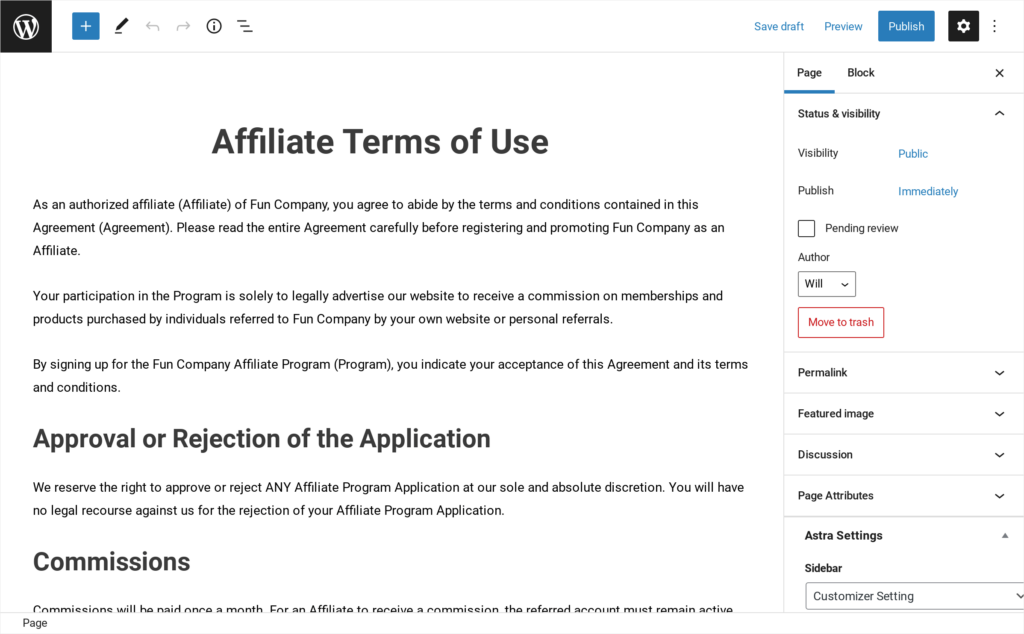 Affiliate agreement page
