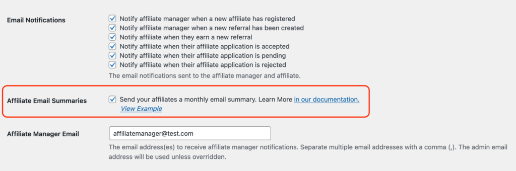 AffiliateWP - Settings - Emails screen showing the Affiliate Email Summaries setting