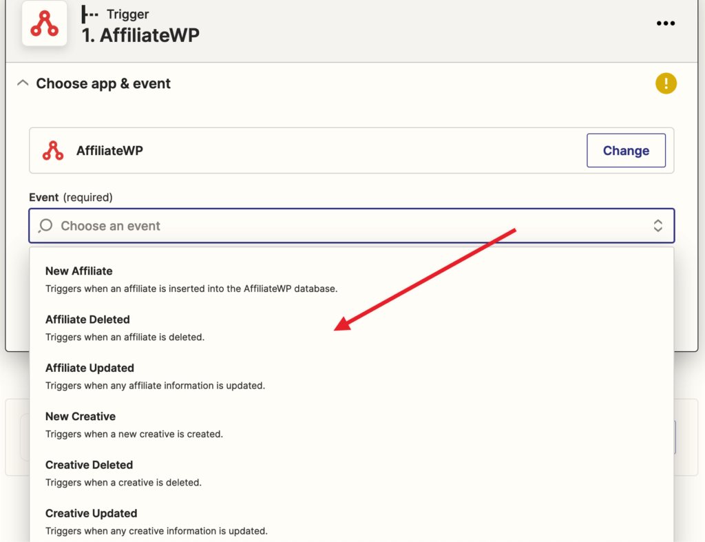 Select AffiliateWP event