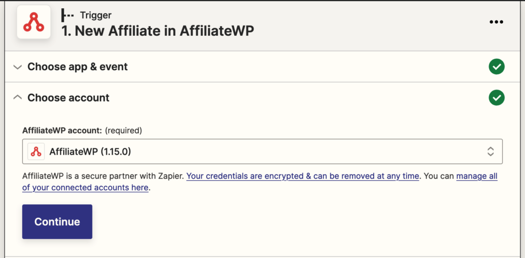 Zapier choose AffiliateWP site