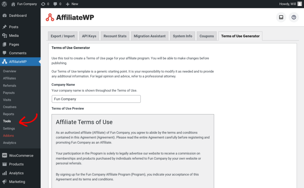 Affiliate terms and conditions generator