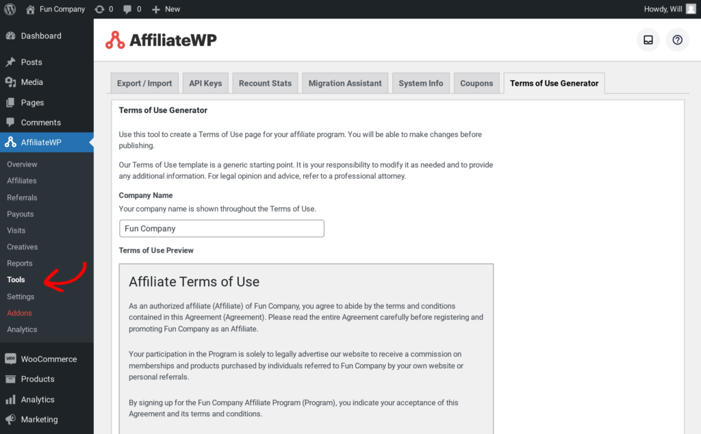 Affiliate agreement generator