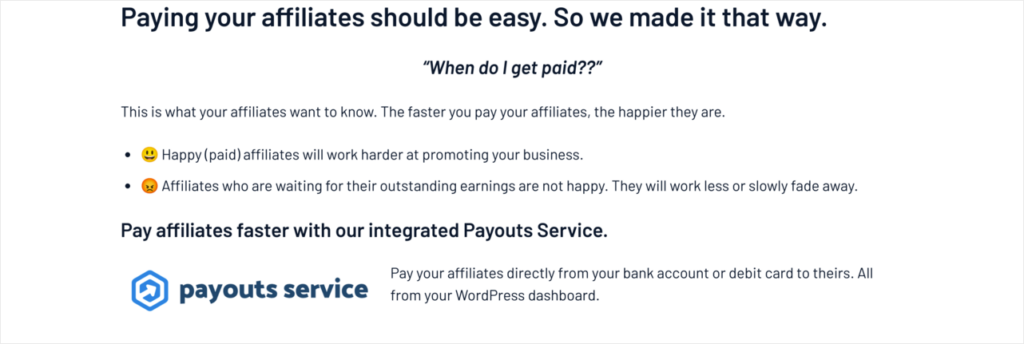 Integrated payouts service affiliate management tool
