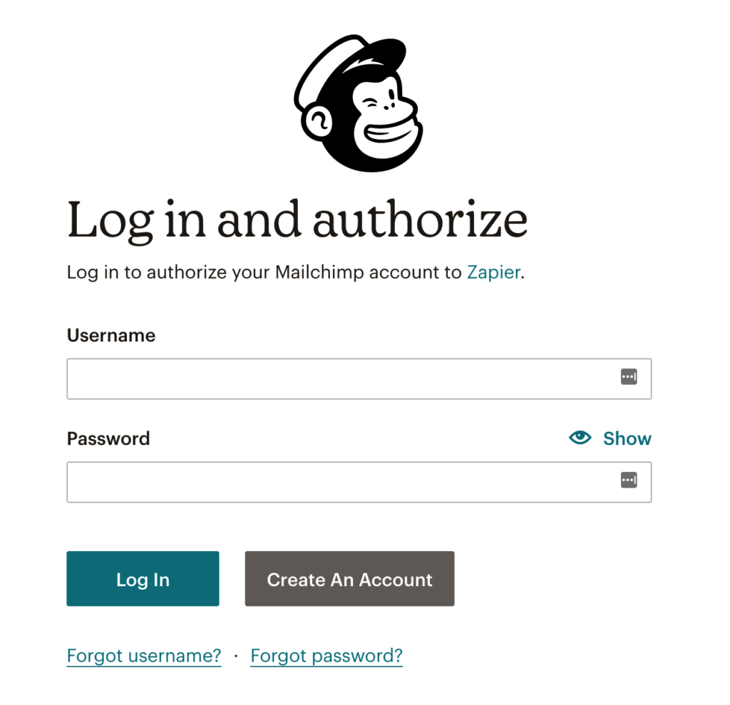 Connecting your Mailchimp account to your Zapier account, step 2.