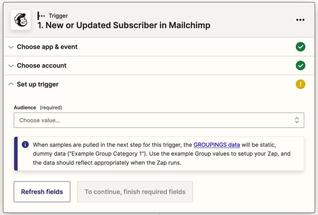 Selecting a Mailchimp list within Zapier.