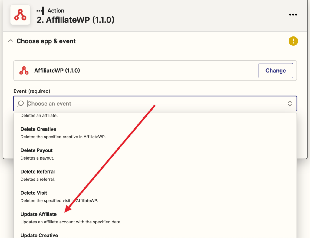 Selecting AffiliateWP as the action in a zap creation step.