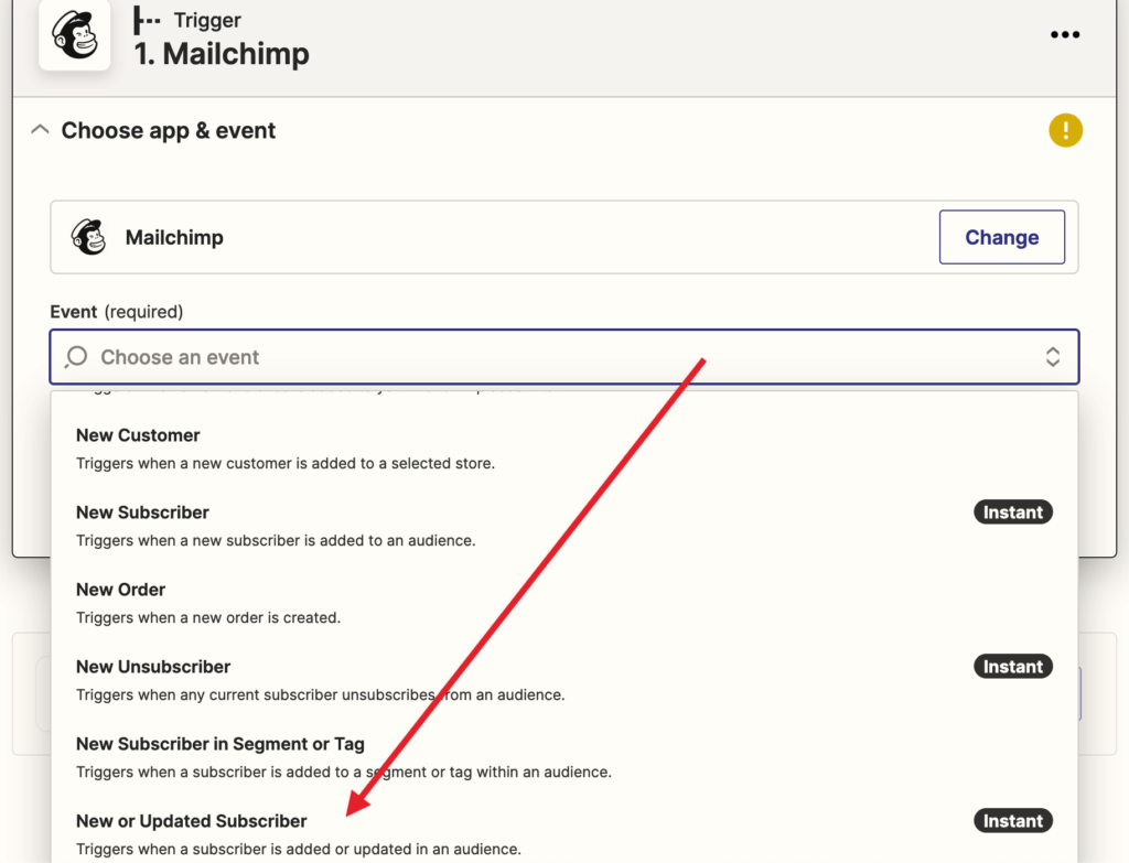 Zapier Mailchimp selecting Updated Subscriber as Trigger