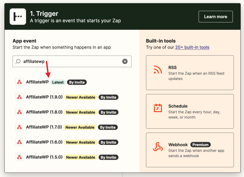 Searching for AffiliateWP within Zapier