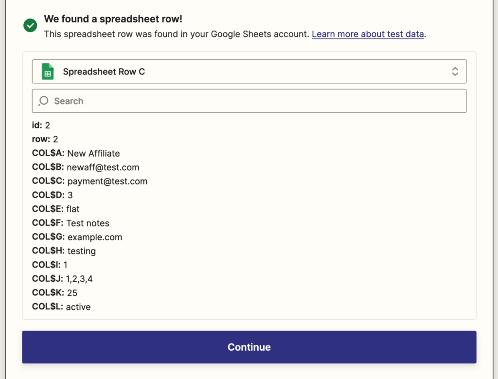 Zapier spreadsheet row found when testing