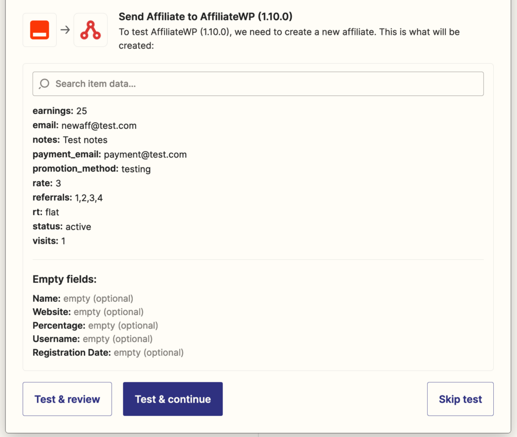 Zapier create affiliate from spreadsheet test