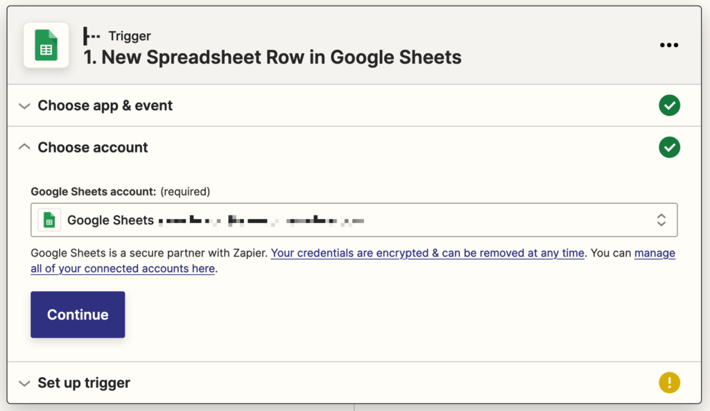 Zapier Google Sheets account selection