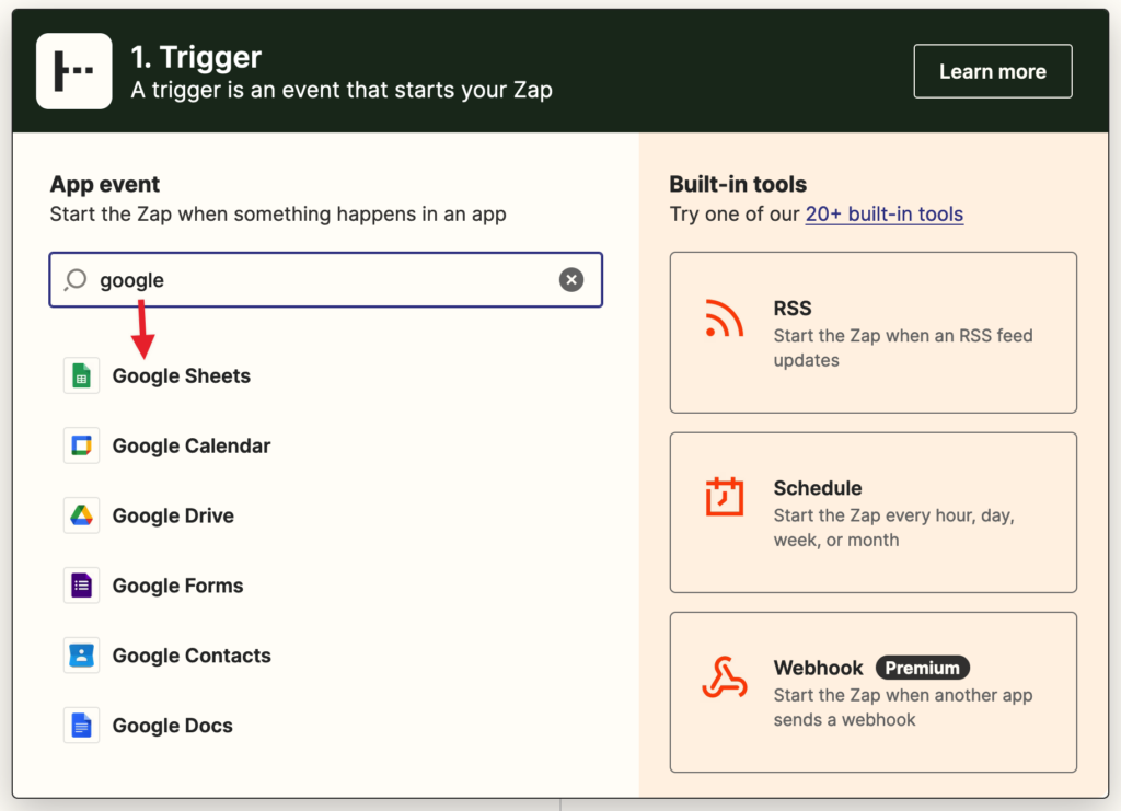 Selecting Google Sheets as the trigger in Zapier.