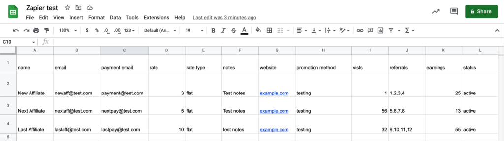 A screenshot of example spreadsheet containing affiliate data to be consumed by a Zapier action, then sent to AffiliateWP.
