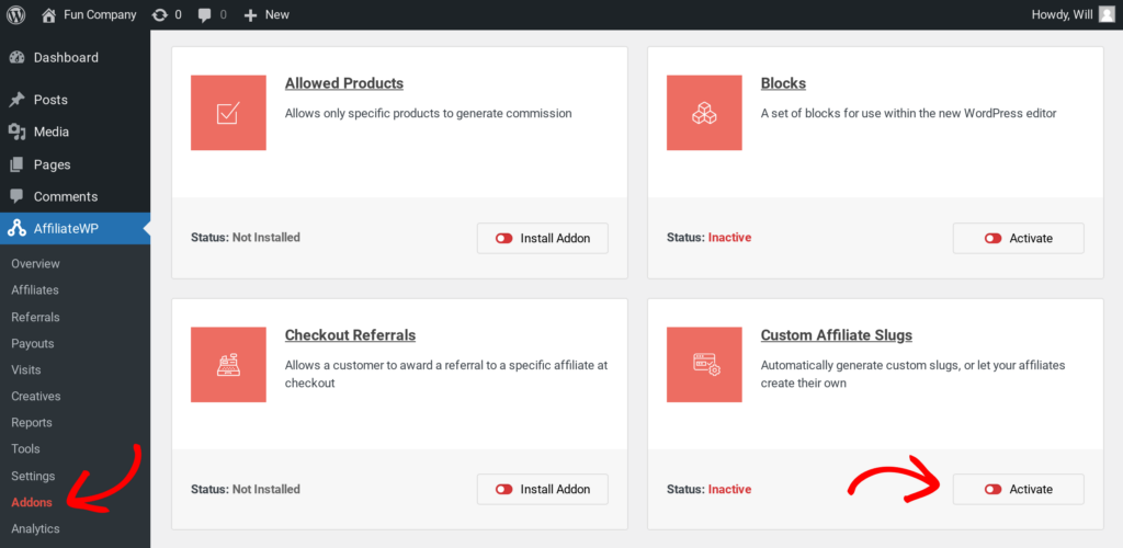 Activate custom affiliate slugs