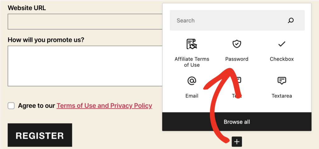 screenshot of selecting the Password field in the available fields for the Affiliate Registration form block