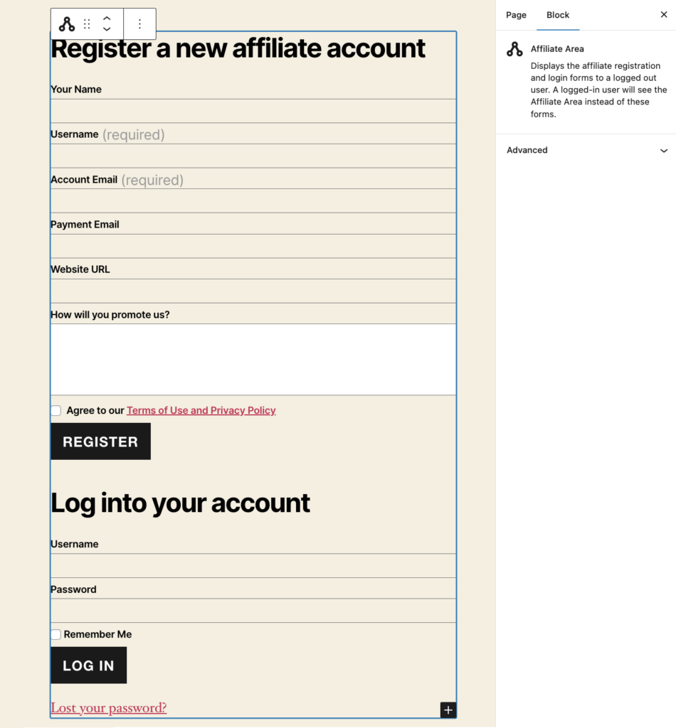 screenshot of the full Affiliate Area block that includes the Affiliate Registration and Affiliate Login form blocks