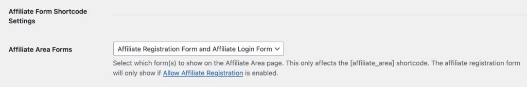 screenshot of the affiliate form shortcode settings