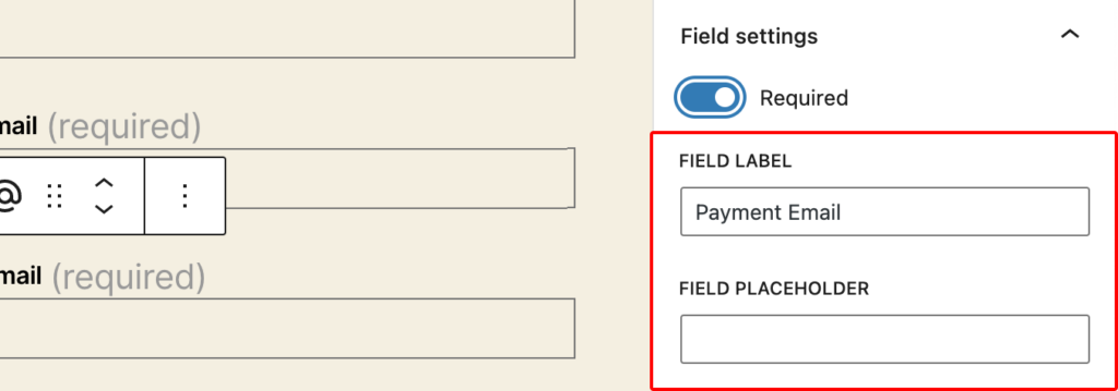 screenshot of the FIELD LABEL section for the label and placeholder values
