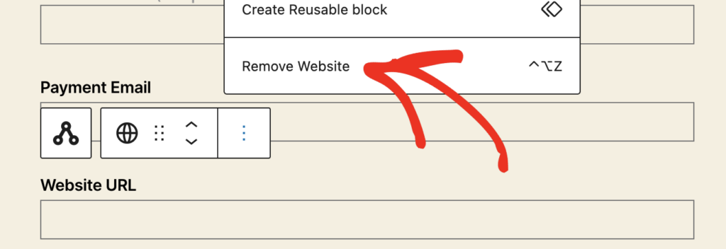 screenshot of removing a field in the block editor