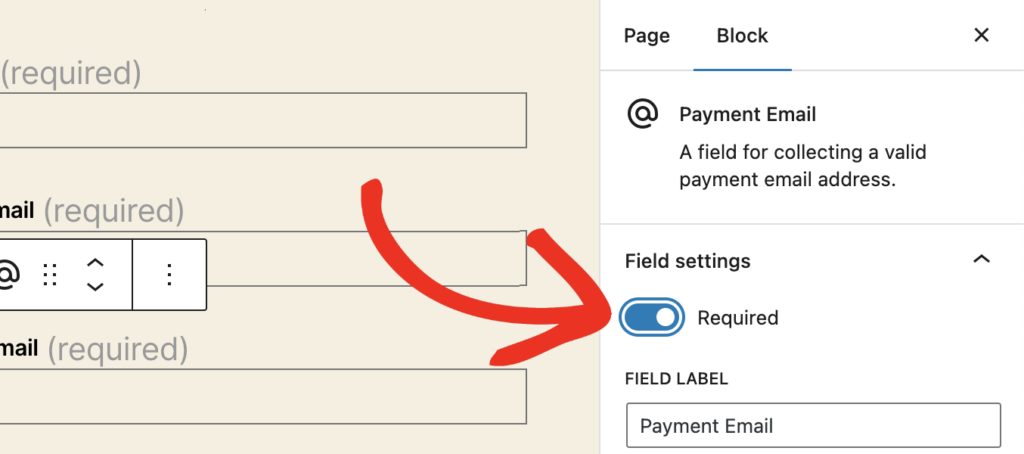 screenshot of the Field settings Required slider in the block editor