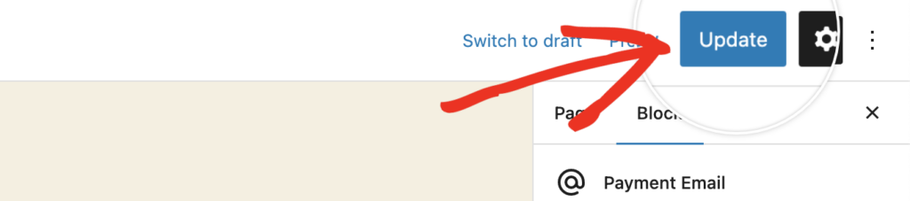 screenshot of the Update button in the page/block editor