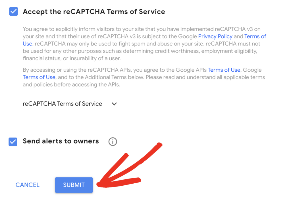 Google reCAPTCHA submit site addition