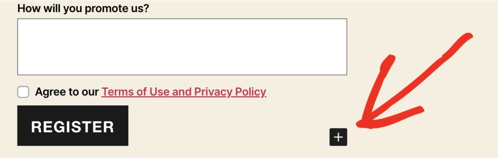 screenshot of the plus sign to add a field to a form in the block editor