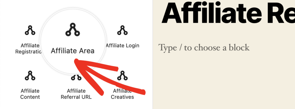 screenshot of selecting the Affiliate Area block from the search