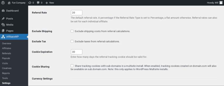 Set affiliate cookie duration