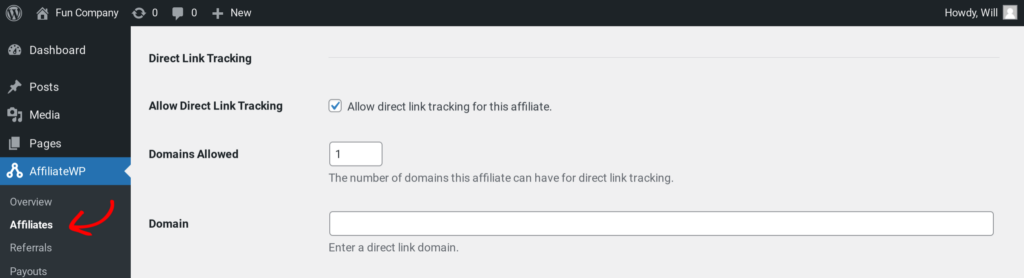 Set direct link tracking for individual affiliates