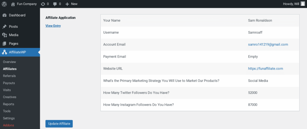 Access affiliate registration form responses from the Edit Affiliate screen