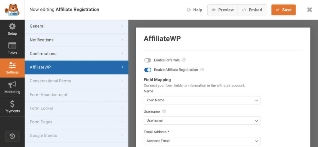 AffiliateWP section in WPForms