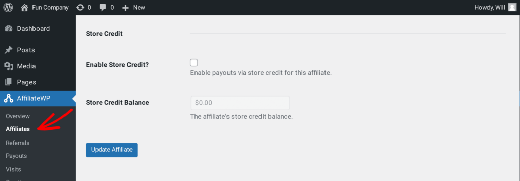 Edit store credit for individual affiliates